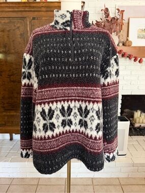 Vintage Mountain Lake Fair Isle Snowflake 1/4 Zip Sherpa Pullover - Nordic